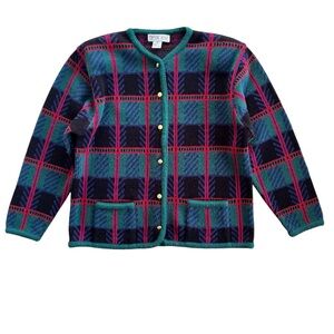 Crystal-Kobe Women Large Red Blue Green Plaid Christmas Vintage Sweater Cardigan